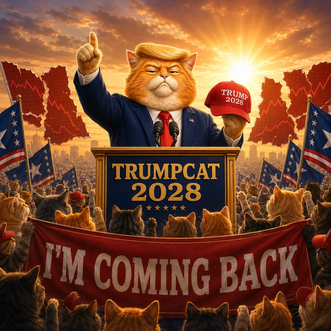 TrumpCat stands at a TRUMPCAT 2028 podium at sunrise, one paw raised and the red 2028 cap in the other, above a crowd of cats holding a banner reading I'M COMING BACK.