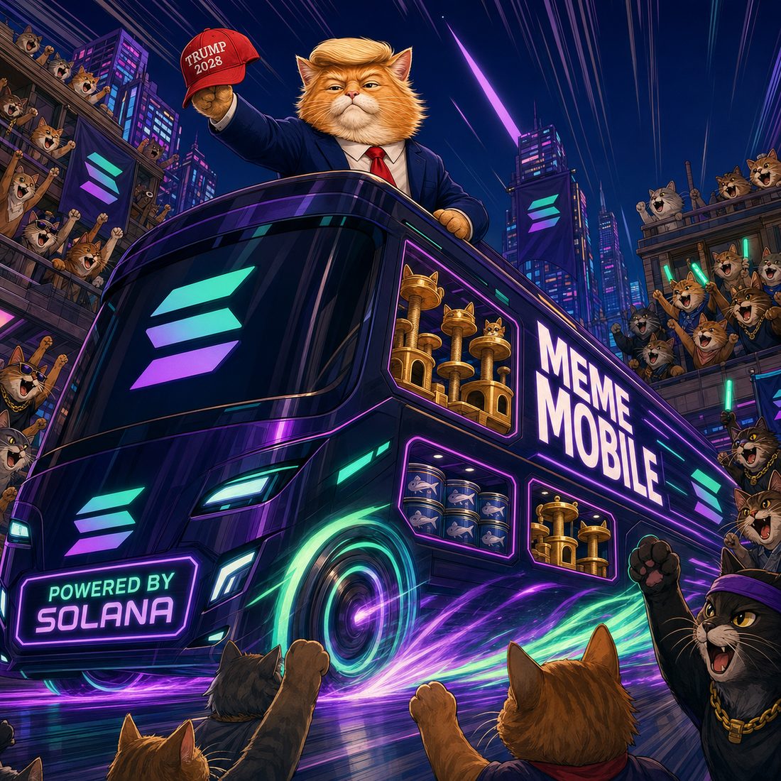 The neon Meme Mobile bus, marked POWERED BY SOLANA and loaded with tuna cans and golden cat towers, races through a purple night city while TrumpCat waves his red cap from the roof.