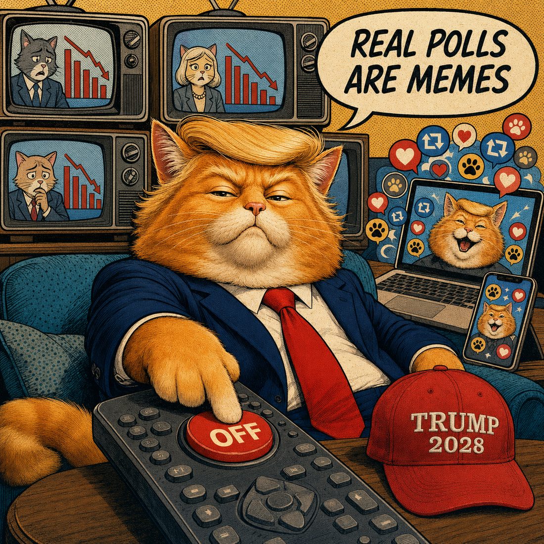 Retro comic panel: TrumpCat presses a giant OFF button on a remote while televisions show falling red charts and a laptop overflows with memes, hearts, reposts and paw prints.